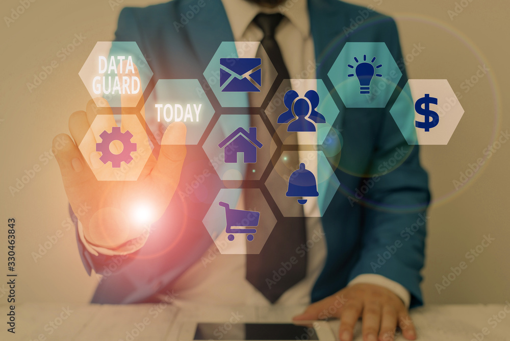Poster handwriting text writing data guard. conceptual photo manage databases to survive disasters and data
