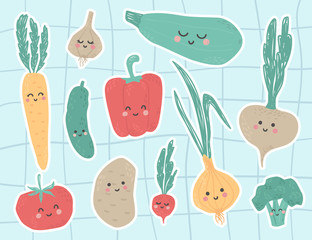 Cute vegetables stickers with faces and funny characters. Broccoli, garlic, onions, zucchini, tomato, cucumber, potatoes, turnips, carrots, peppers, radishes food. Ready for print, perfect for nursery