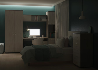 Cozy stylish bedroom designed for a teenager. Night. Evening lighting. 3D rendering.