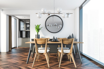 Panoramic white dining room with mirror