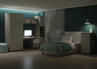 Fototapeta na wymiar Cozy stylish bedroom designed for a teenager. Night. Evening lighting. 3D rendering.
