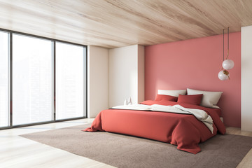 Panoramic white and pink bedroom corner
