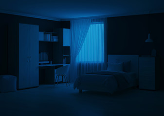 Cozy stylish bedroom designed for a teenager. Night. Evening lighting. 3D rendering.