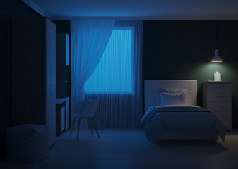 Cozy stylish bedroom designed for a teenager. Night. Evening lighting. 3D rendering.