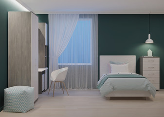 Fototapeta na wymiar Cozy stylish bedroom designed for a teenager. Night. Evening lighting. 3D rendering.