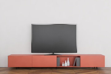 Modern TV on orange cabinet in white living room