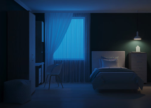 Cozy stylish bedroom designed for a teenager. Night. Evening lighting. 3D rendering.