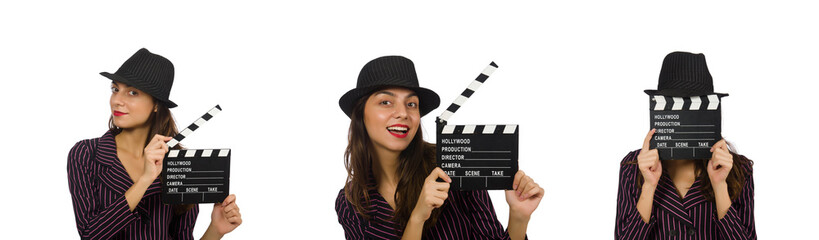 Woman with movie clapboard isolated on the white