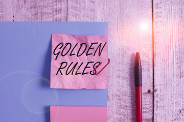 Text sign showing Golden Rules. Business photo showcasing basic principle that should always follow...