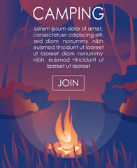 Advertising Text Banner Inviting Join to Camping. Cartoon Bonfire under Trees in Forest. Flat Natural Landscape and Starry Sky. Romantic Scene. Active Vacation and Rest on Nature. Vector Illustration