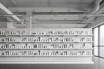 White supermarket shelves with products