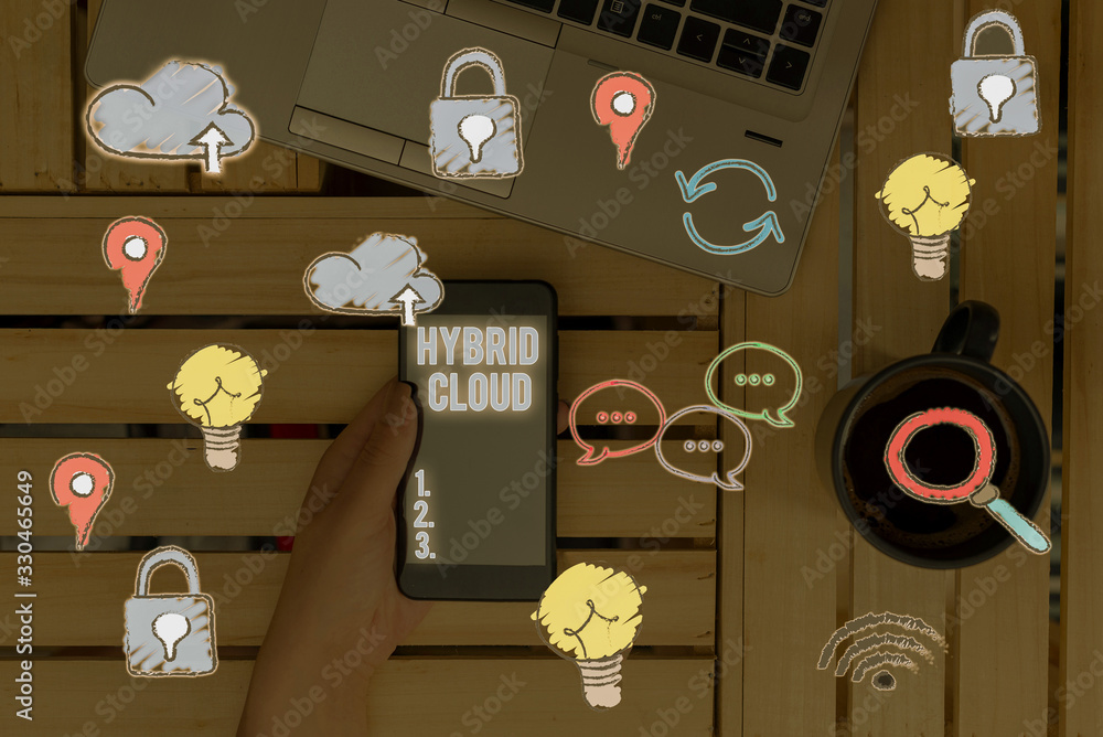 Poster conceptual hand writing showing hybrid cloud. concept meaning computing environment that combines pu