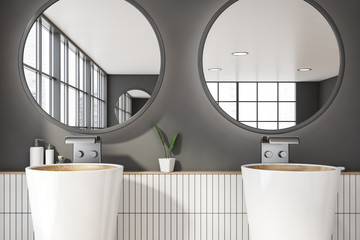 Double sink in gray and white bathroom, close up