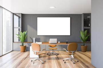 Gray panoramic CEO office interior with poster