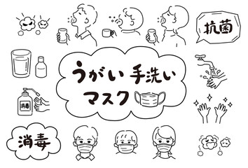 抗菌対策 ウィルス対策 ウイルス対策素材 ウィルス対策セット 衛生素材 衛生セット うがい 手洗い マスク 消毒 抗菌 衛生 ウィルス 菌 風邪 インフルエンザ コロナ 対策 集合 素材 イラスト ベクター かわいい 可愛い ポップな Popな 白バック