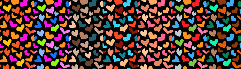 Set of colorful seamless patterns with hearts on black background