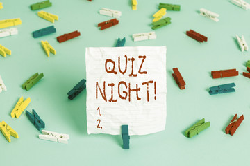Writing note showing Quiz Night. Business concept for evening test knowledge competition between...