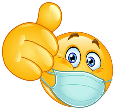 Emoji emoticon with medical mask over mouth showing thumb up
