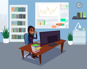 Muslim Woman Business Analytic Character Wearing Traditional Clothing in Office. Smiling Islamic Lady Working on Personal Computer, Talking Mobile Phone. Work Day. Vector Cartoon Flat Illustration