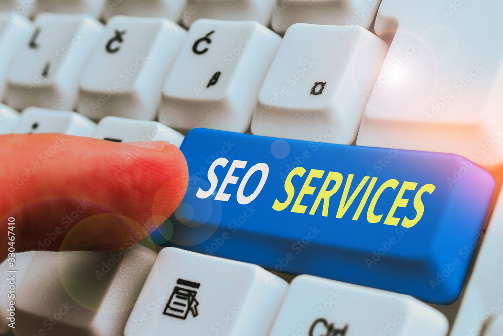 Aufkleber text sign showing seo services. business photo text suite of techniques and procedures to surge webs