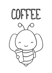 Coloring pages, black and white cute hand drawn bee doodle, lettering coffee