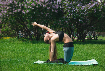 athletic young woman doing fitness in a clearing in the Park on a Sunny day, sports