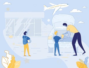 Father with Children Going for Vacation. Young Dad and Couple of Sons Take Out Luggage from Car Trunk for Enter Airport Terminal. Summertime Traveling Parent and Kids Cartoon Flat Vector Illustration