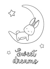Coloring pages, black and white cute hand drawn bunny, moon and stars doodle, lettering sweet dreams