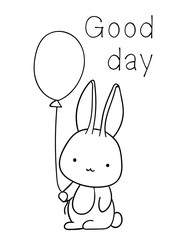 Coloring pages, black and white cute hand drawn bunny with air balloon doodle, lettering good day