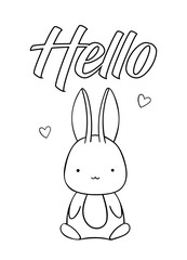 Coloring pages, black and white cute hand drawn bunny with heart doodle, lettering hello