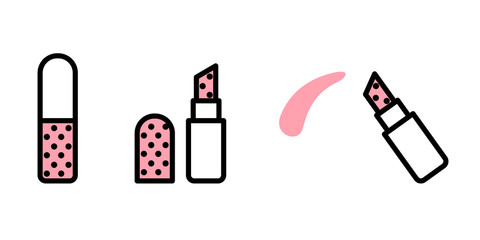 Vector set of makeup from closed, open and leaving lipstick. Vector lipstick icons in flat linear style with white and pink fill and black stroke isolated on white background