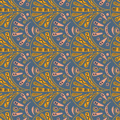 Decorative fan shapes ornament seamless vector pattern in muted blue, yellow and pink. Classic surface print design.