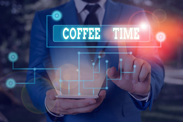 Text sign showing Coffee Time. Business photo showcasing a short period of time in which you stop...