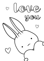 Coloring pages, black and white cute hand drawn bunny with hearts doodle, lettering love you
