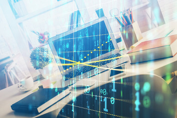 Multi exposure of desktop with personal computer and tech theme drawing. Concept of Bigdata.