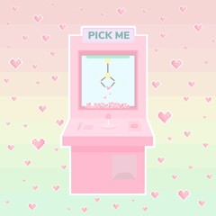 Cute pastel pink claw machine with 8-bit heart shape on pastel gradient background