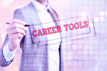 Conceptual hand writing showing Career Tools. Concept meaning the system designed to assist and...
