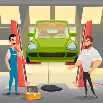 Auto Service Client Complain to Repairman on Oil Leakage in Car. Automobile Lifted in Workshop. Thoughtful Serviceman in Uniform Standing near Open Tools Box. Vector Cartoon Illustration