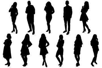 Silhouettes of young people, girls and boys. Black silhouette on a white background, contour-6