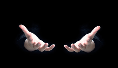 open human hand on dark background for present idea