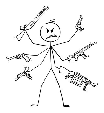 Vector cartoon stick figure drawing conceptual illustration of man with six arms holding weapons like pistol,rifle,grenade launcher and sub-machine gun.Concept of fight and violence.