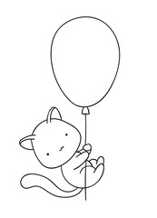 Coloring pages, black and white cute hand drawn cat with air balloon doodle