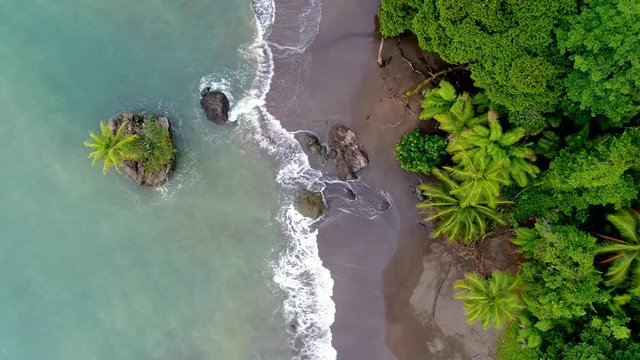 Overhead Drone footage of tropical beach with island and palmtrees. Colombia