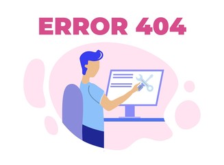 Cartoon Man Character, Male Service Operator Correcting Computer Error 404. Lettering Flat Poster. Page Not Found Mistake. Webpage under Construction. Technical Support Online. Cutout Illustration