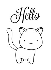 Coloring pages, black and white cute hand drawn cat doodle, lettering hello © dikabrina