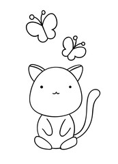 Coloring pages, black and white cute hand drawn cat with butterfly doodle
