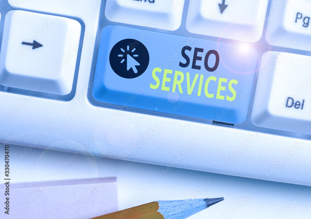 Poster handwriting text seo services. conceptual photo suite of techniques and procedures to surge website 