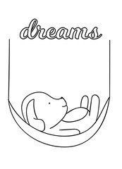Coloring pages, black and white cute hand drawn dog doodles, lettering dreams