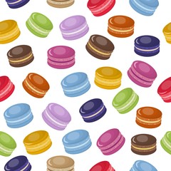 Cartoon Colorful Sweet Macaroons Cookies Seamless Pattern. Classic French Almond Dessert in Different Colors Endless Wallpaper. Trendy Confectionery Texture. Vector Flat Illustration. Repeated Design