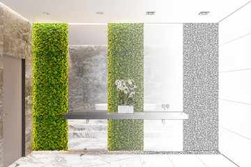 The sketch becomes a real the interior of a dark marble bath with a washbasin near the mirrors, an illuminated moss wall, white orchid, a light marble floor, a backlit ceiling. Front view. 3d render